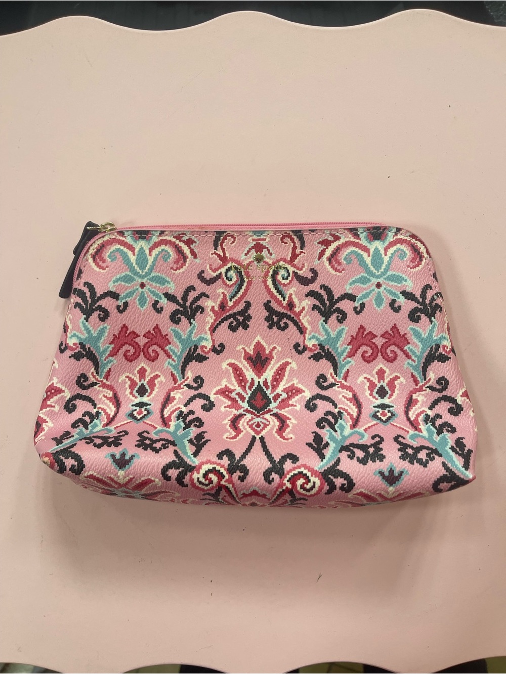 kate spade Pink Floral Jacquard Zip Cosmetic Pouch with Teal Accents-NWT